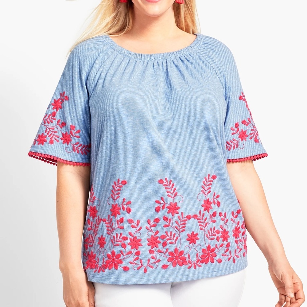 Talbots Woman Plus Sz X Blue Cotton Flutter Sleeves Embroidered Zala Stripes Top